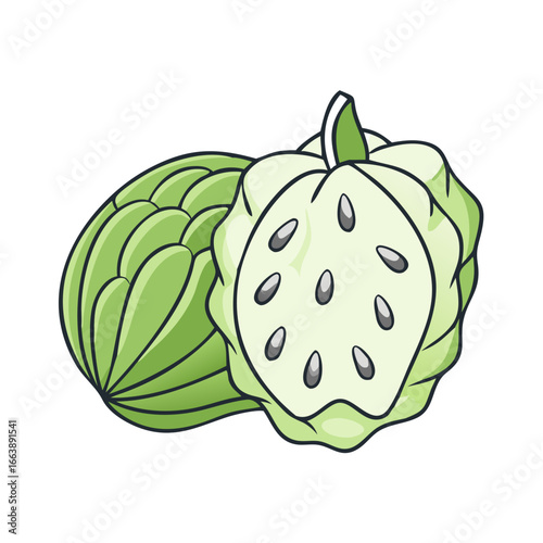 Delicious Cartoon Illustration of Soursop with a Cut Piece Displaying Seeds