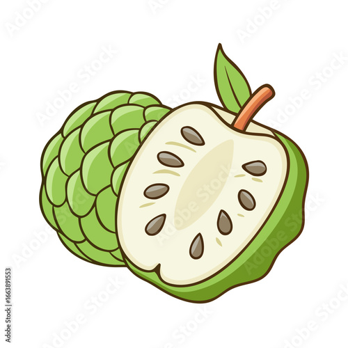 A Whole and a Halved Custard Apple Fruit Illustration on White