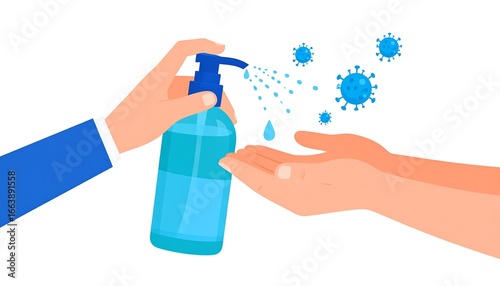 Hand sanitizer being dispensed. Two hands, one holding a bottle, the other receiving a spray