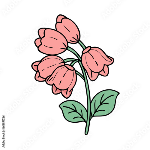 Charming pink bellflower with leaves on a white background, cartoon style