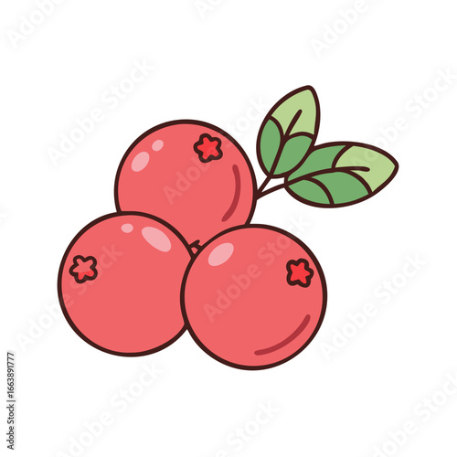 Three juicy cranberries with delicate green leaves on a crisp white background