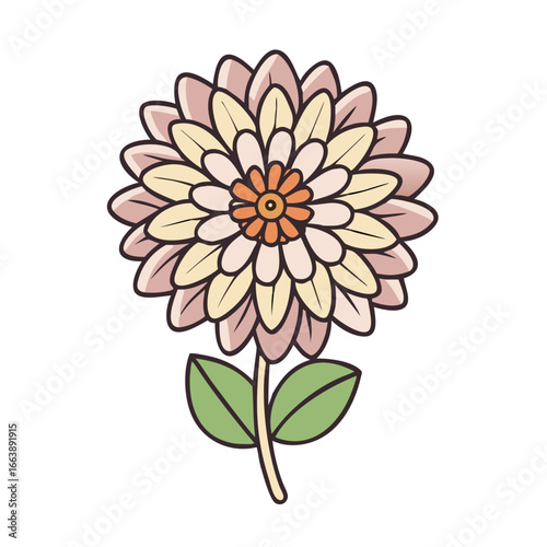 Illustration of a dahlia flower with muted pastel colors and a detailed outline
