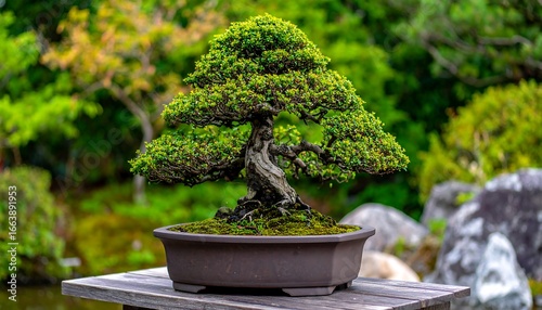 A meticulously crafted bonsai tree in a dark brown pot, showcasing intricate details and lush greenery, bathed in natural light against a tranquil garden backdrop.