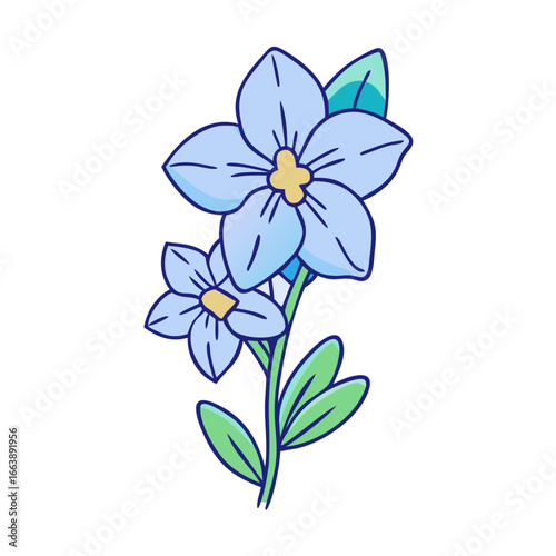 A sweet illustration of two forgetmenot flowers with green leaves