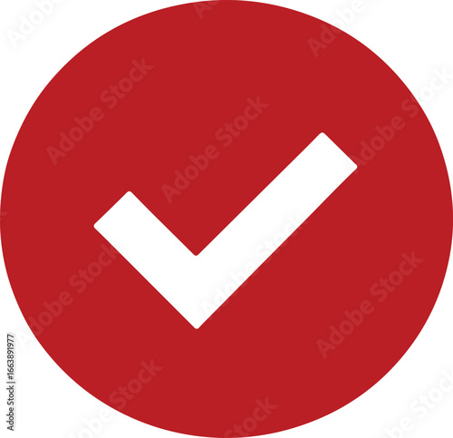 Red circle with white check mark icon symbolizing approval, success and confirmation vector illustration on white background