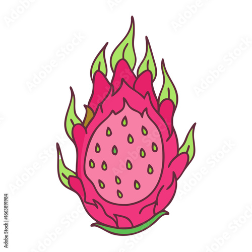 Cartoon style dragon fruit illustration with bright colors and simple design