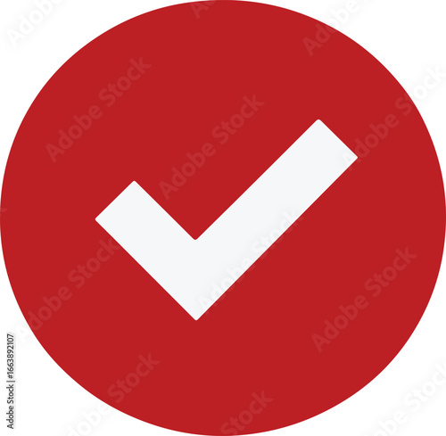 Red circle with white check mark icon symbolizing approval, success and confirmation vector illustration on white background