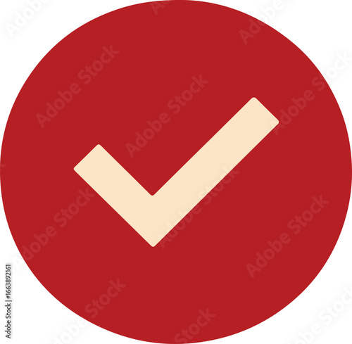 Red circle with white check mark icon symbolizing approval, success and confirmation vector illustration on white background