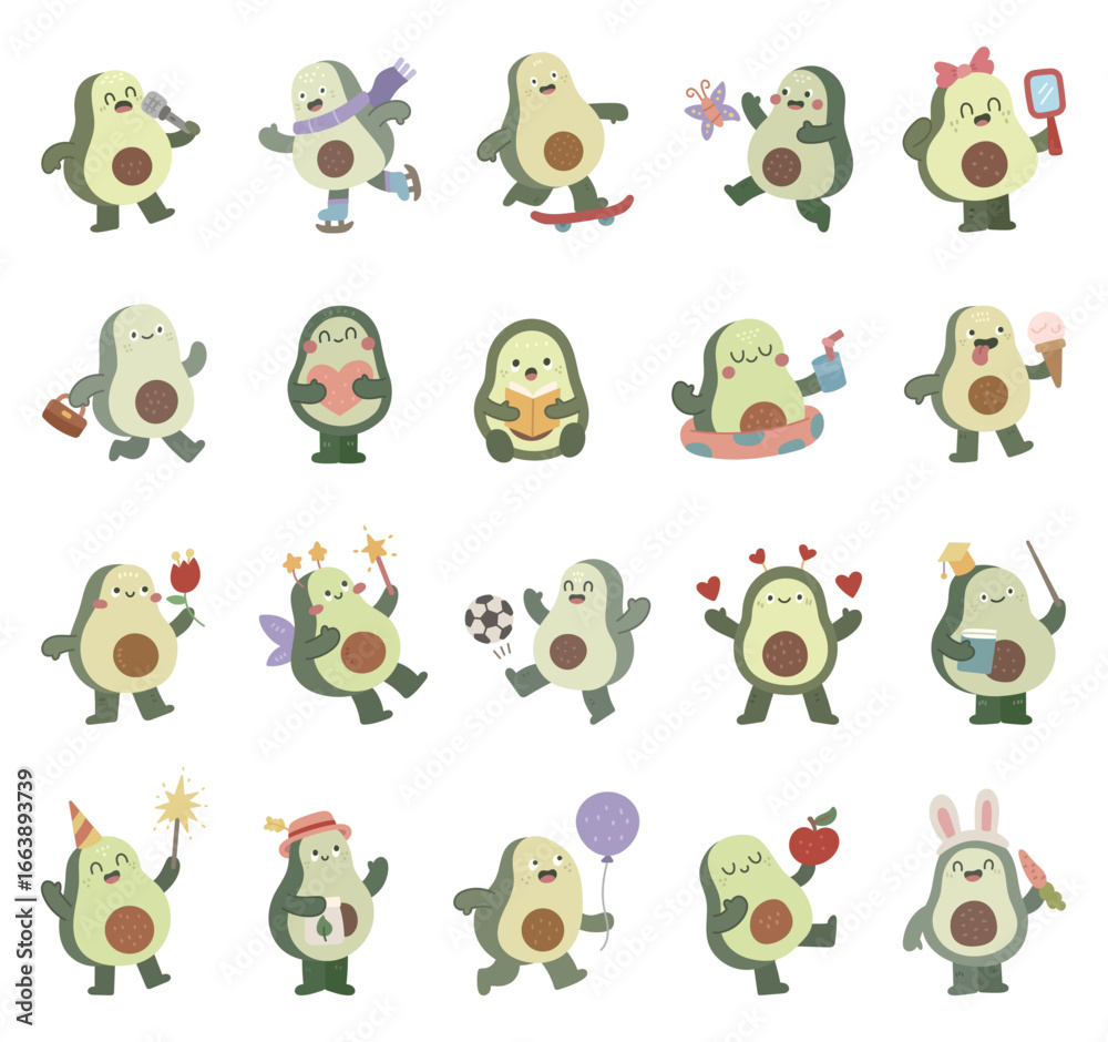 Obraz premium Avocado adorable character set in scandinavian style showing many emotions and different poses including music, sports, reading, studying, birthday, valentine and magic activities
