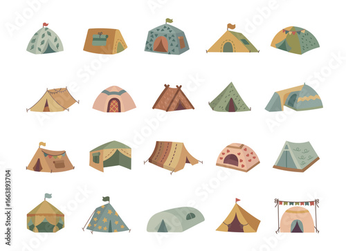 Tent set camping outdoor shelter in scandinavian style featuring different shapes perfect for summer vacation trip adventures and for your illustration and creative designs projects