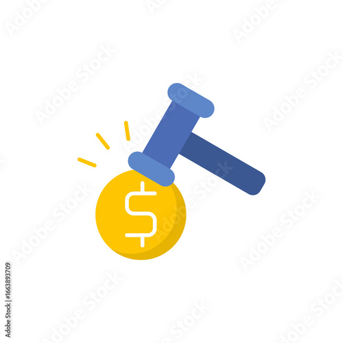 Options for auction icon with gavel hitting gold coin dollar sign, suitable for online bidding illustrations. Ideal for digital platforms.