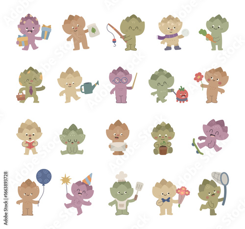 Artichoke character set in scandinavian style where cute vegetable show emotions and poses through birthday moments, gardening work, cooking, studying, relaxing, friendship, romance