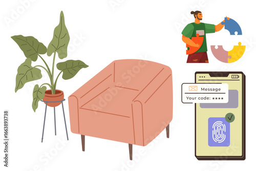 Armchair with potted plant evokes comfort nearby, person assembles puzzle pieces representing collaboration. Smartphone displays message with passcode and fingerprint scanner. Ideal for home design
