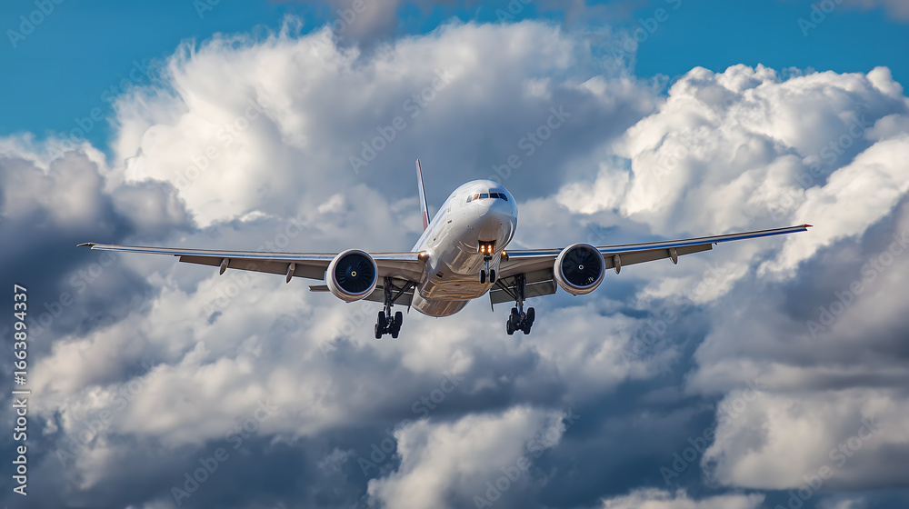 Obraz premium Commercial Airplane Landing Approach with Fluffy Clouds - Aviation Travel Concept