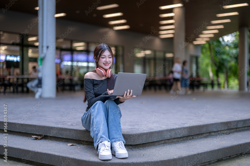 Fototapeta premium Young asian woman working on laptop outdoors in urban setting