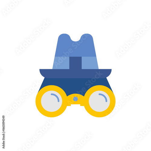 Espionage icon featuring binoculars in hat and glasses for covert operations design element, spythemed projects, security software, and detective logos.