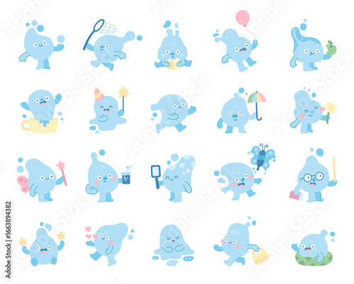 Water drop character set in scandinavian style showing funny emotions while different poses smiling, greeting, reading, sleeping, celebrating, swimming, teaching and working
