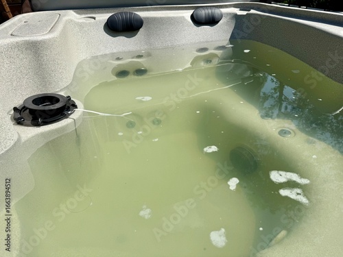 A neglected outdoor jacuzzi filled with murky green water covered in algae and contamination. 