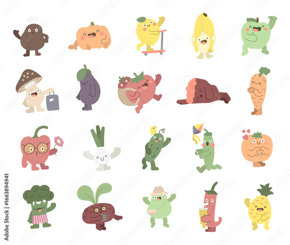 Fototapeta premium Fruit and vegetable character set in scandinavian style with charming emotions and poses featuring potato, lemon, orange, pear, chili, tomato, and more for your creative projects