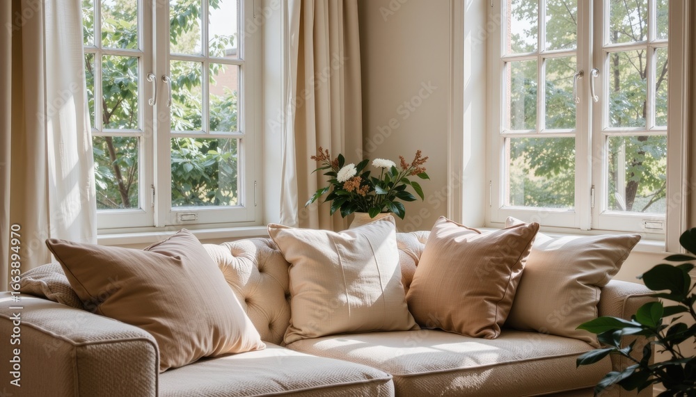 Calm Cozy Living Room with Greenery View Calm Cozy Living Room with Greenery View