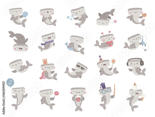 Hammerhead shark character set in scandinavian style showing charming underwater moments with accessories, food, beverage, gift, and adorable marine activities for creative illustration projects