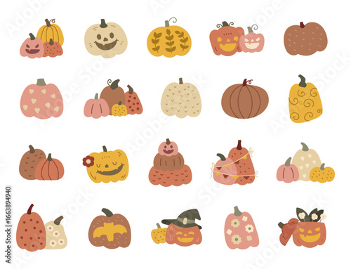 Pumpkin halloween vegetable set in scandinavian style with seasonal decorations and festive gourds perfect for your illustration, autumn celebration holiday event food designs projects