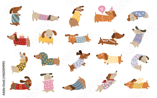 Dachshund dog character set in scandinavian style with showing many funny emotions while different poses perfect for your illustration and creative designs projects