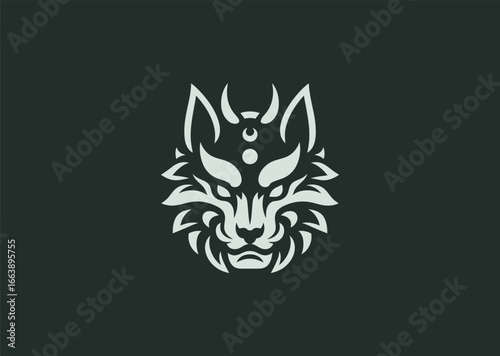A simple minimalist wolf with Japanese Oni mask silhouette style, symbolizing strength, mystery, and duality