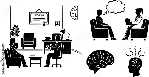 Psychologist office icons set. Psychotherapist consulting room icons showing furniture, plants, diploma, patient, and doctor