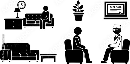 Psychologist office icons set. Psychotherapist consulting room icons showing furniture, plants, diploma, patient, and doctor
