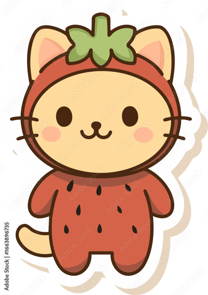 Obraz premium A kawaii cat in a strawberry costume, combining the sweetness of a strawberry with a cat design for a cute look.
