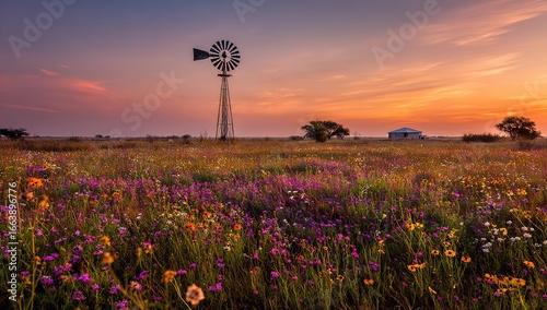 Windmill in Expansive Field Surrounded by Wildflowers at Sunset, Scenic Texas Landscape Under Clear Sky