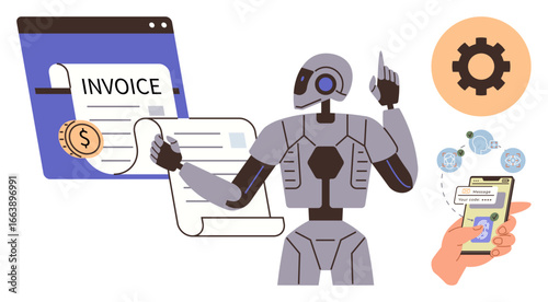 AI robot interacting with virtual invoice, dollar coin, and gears, symbolizing automation. Hand uses smartphone for mobile payment. Ideal for finance, AI, technology, automation innovation fintech