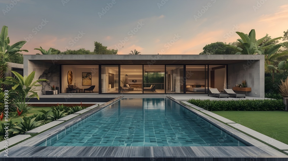 Fototapeta premium Luxurious modern tropical villa with a stunning swimming pool, surrounded by lush green garden and palm trees, bathed in the soft glow of twilight, epitomizing serene living
