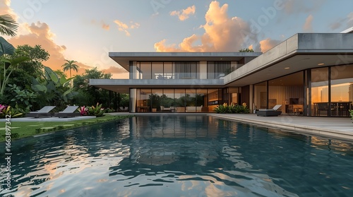 Modern Luxury House with Infinity Pool and Lush Tropical Garden at Sunset