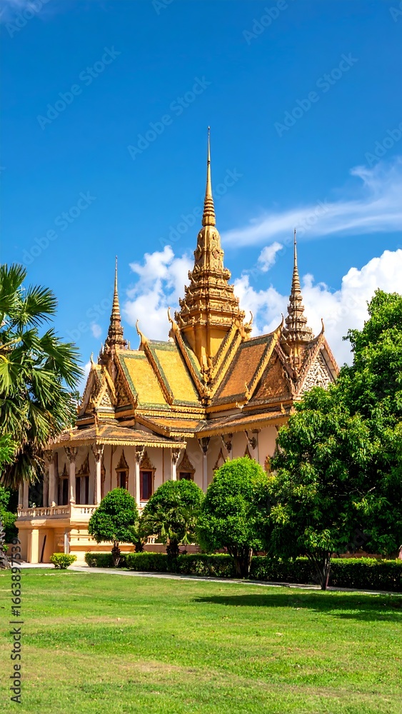 Fototapeta premium Golden temple in a lush garden under a vibrant blue sky