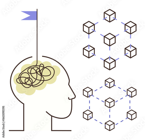 Tangled thoughts in a human head evolving into a system of interconnected blocks. Ideal for problem-solving, innovation, organization, decision-making, creativity, mental processes, clarity. Simple