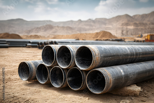 Wallpaper Mural Black industrial pipes arranged on a desert construction site for underground energy and water transportation lines Torontodigital.ca