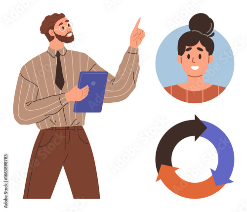 Man holding clipboard pointing upwards, woman portrait in circle, and colorful cyclic process arrow graphic. Ideal for teamwork, discussion, planning, presentation, process, collaboration workflow