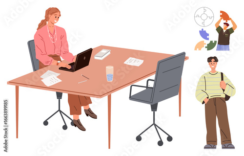 Woman typing on a laptop at her desk with papers, books, and a water glass. Includes a casual young individual and puzzle pieces symbolizing teamwork. Ideal for teamwork, office work, productivity