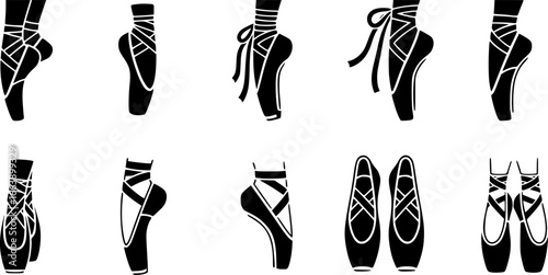 Ballerina footwear icons set. Collection of various pointe shoe icons, showcasing different styles and positions, ideal for dance related projects