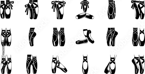 Ballerina footwear icons set. Collection of various pointe shoe icons, showcasing different styles and positions, ideal for dance related projects