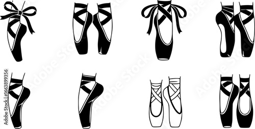 Ballerina footwear icons set. Collection of various pointe shoe icons, showcasing different styles and positions, ideal for dance related projects