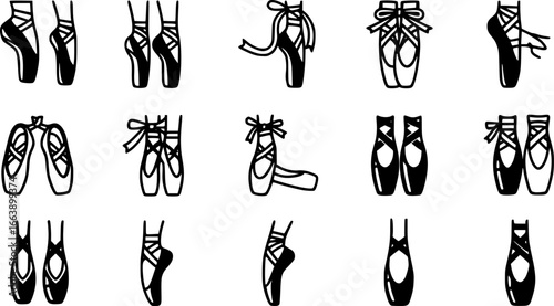 Ballerina footwear icons set. Collection of various pointe shoe icons, showcasing different styles and positions, ideal for dance related projects