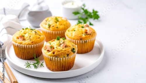 Savory salmon muffins with fresh dill and chives on a white plate, perfect for brunch