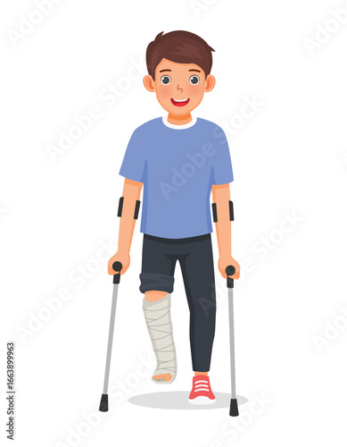 Man with broken leg walking with crutches
