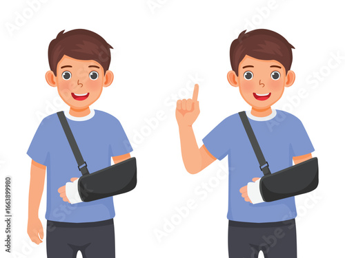 Man with broken arm wearing arm sling pointing finger up