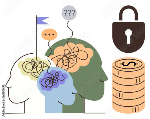 Human silhouettes with tangled thoughts, speech bubbles, flag, and lock beside stacked coins. Ideal for creativity, problem-solving, decision-making, security, finances mental health communication