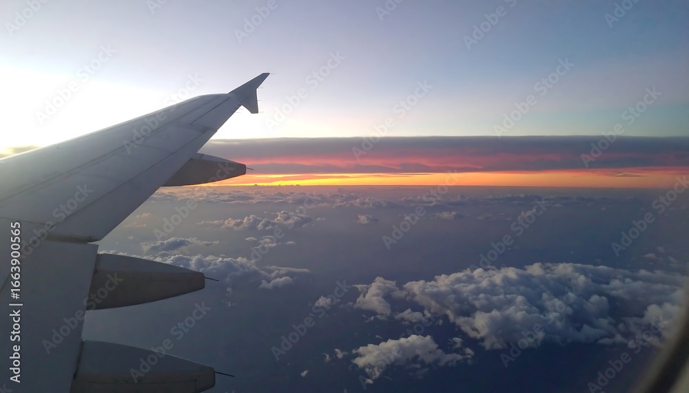 Fototapeta premium A view from an airplane window reveals a stunning sunrise over a blanket of clouds.