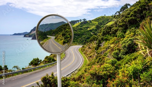 Scenic Coastal Road with Mountain View Reflected in Safety Mirror